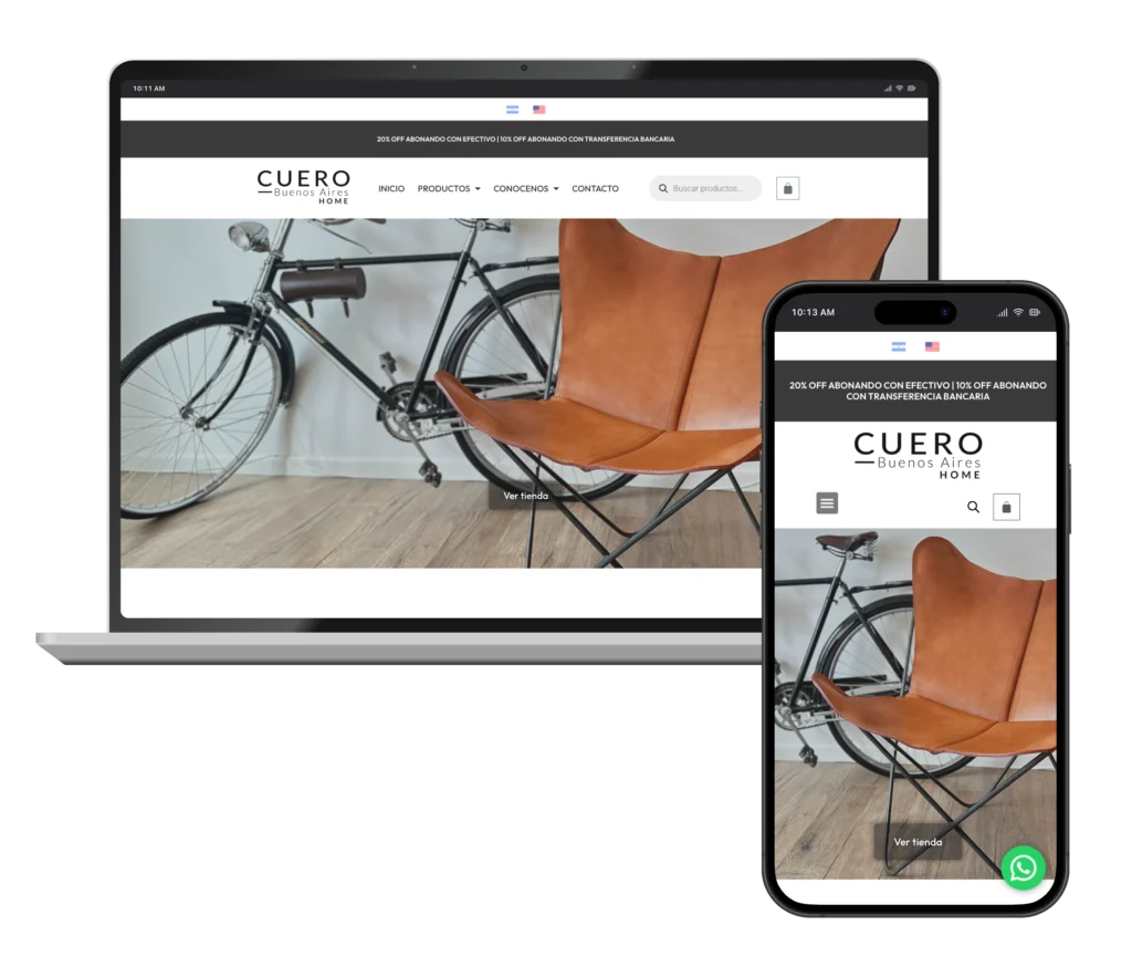 Web de Cuero Buenos Aires en portátil y móvil, diseñada por SAUCCO