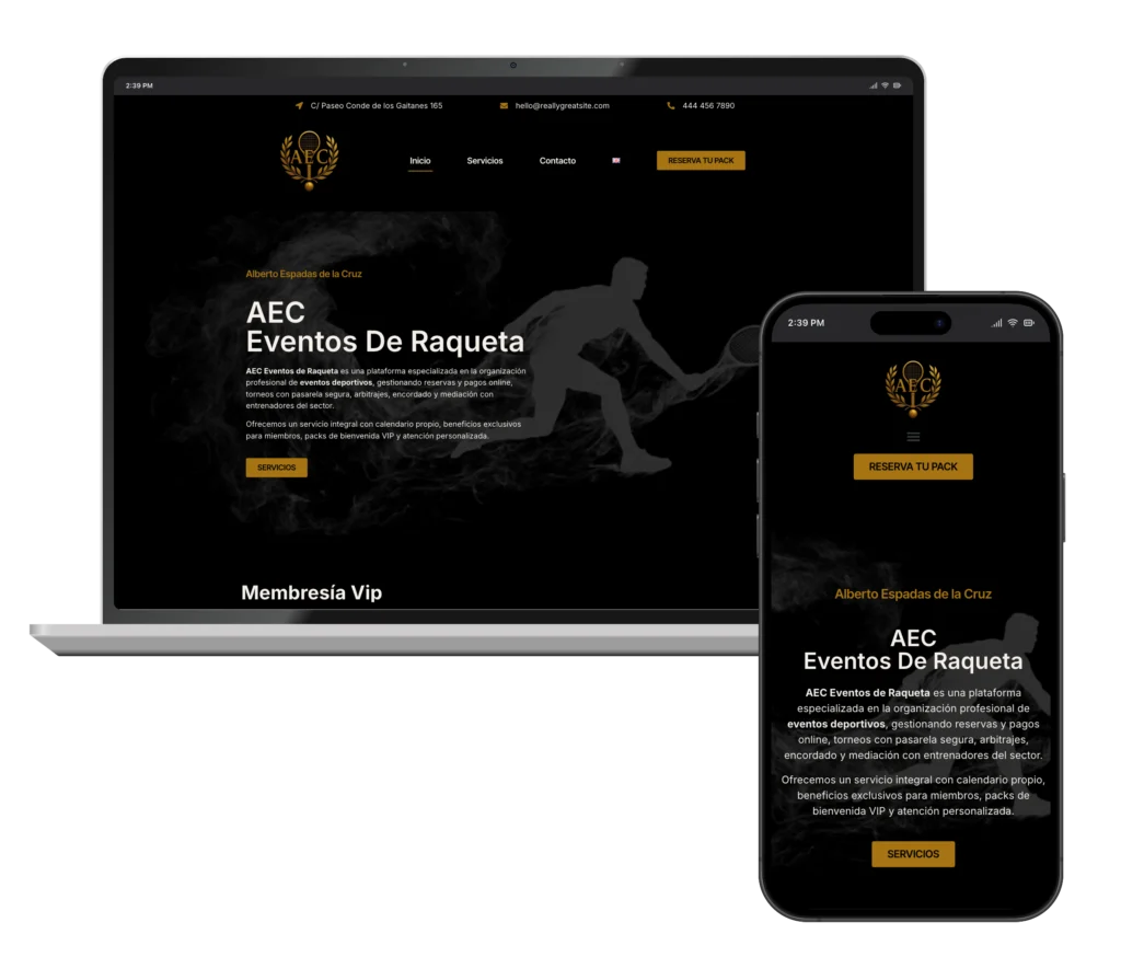 Web de AEC Eventos de Raqueta en portátil y móvil, diseñada por SAUCCO