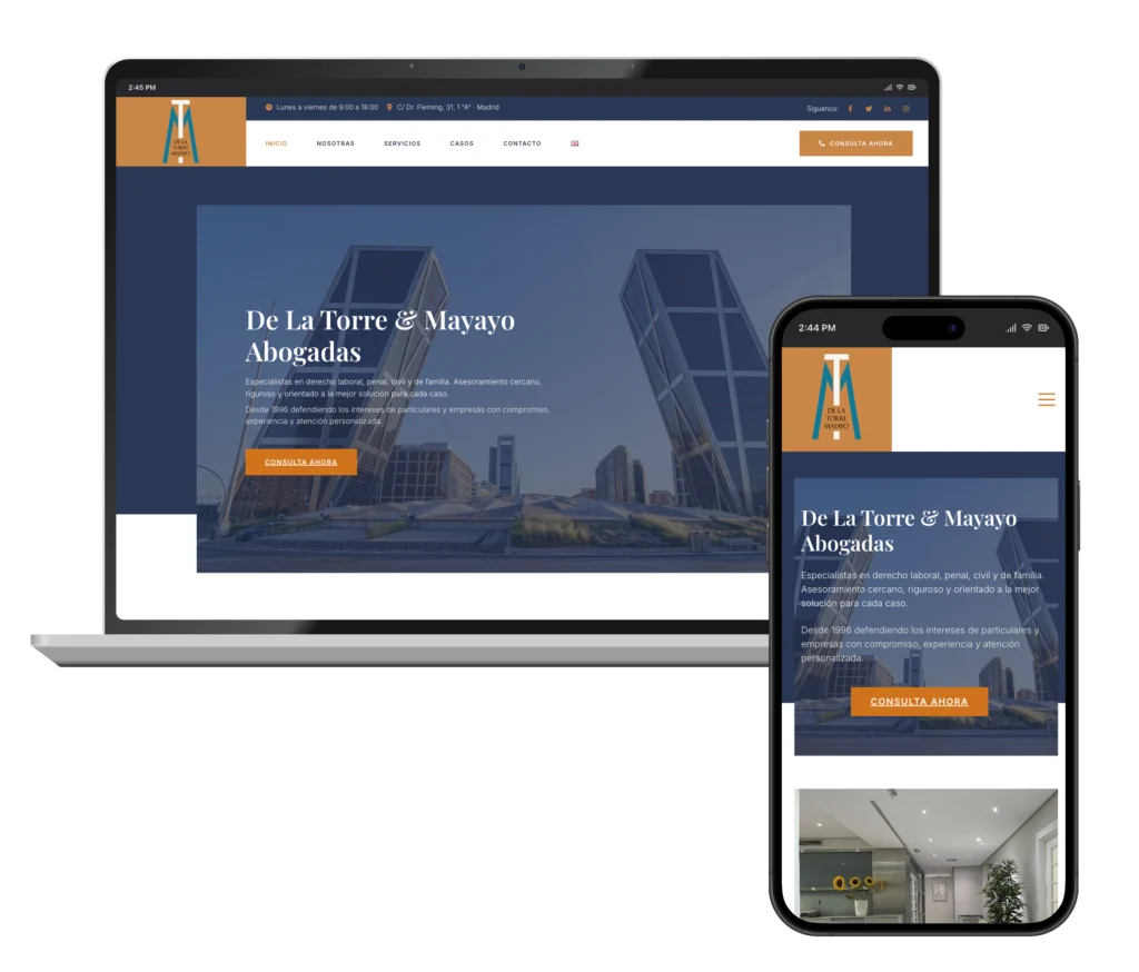 Web de De La Torre y Mayayo en portátil y móvil, diseñada por SAUCCO