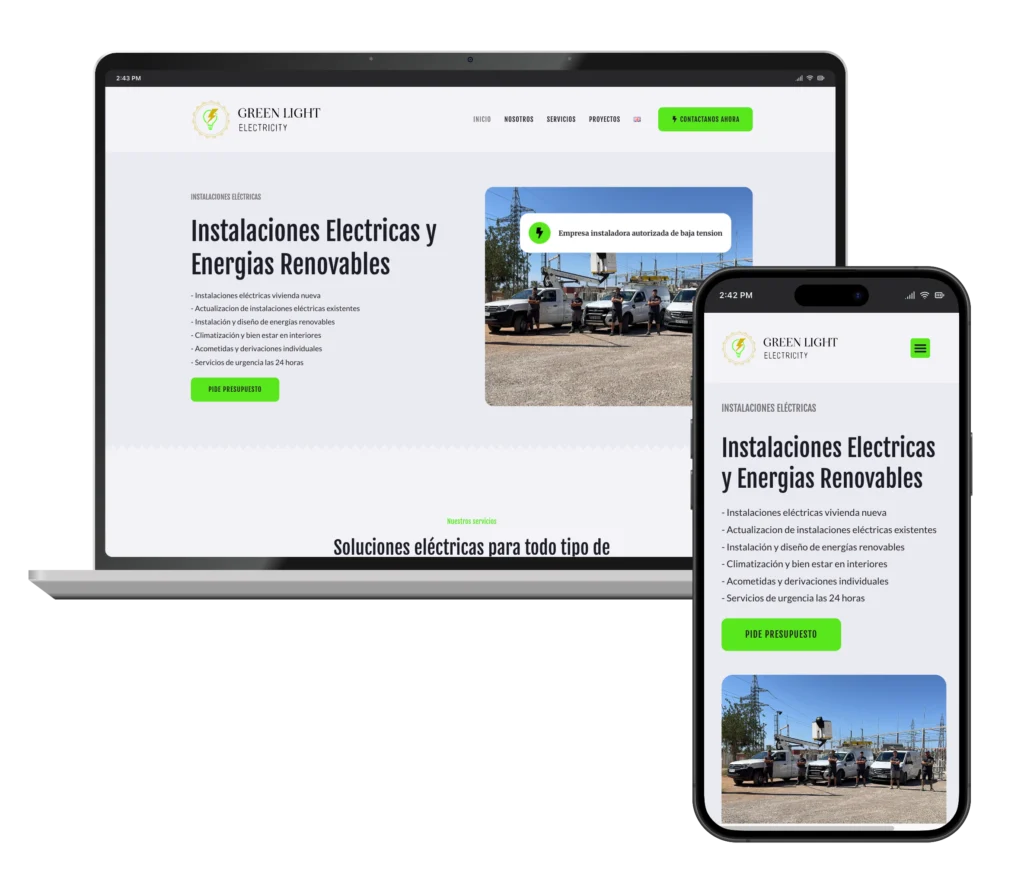 Web de Green Light Electricity en portátil y móvil, diseñada por SAUCCO