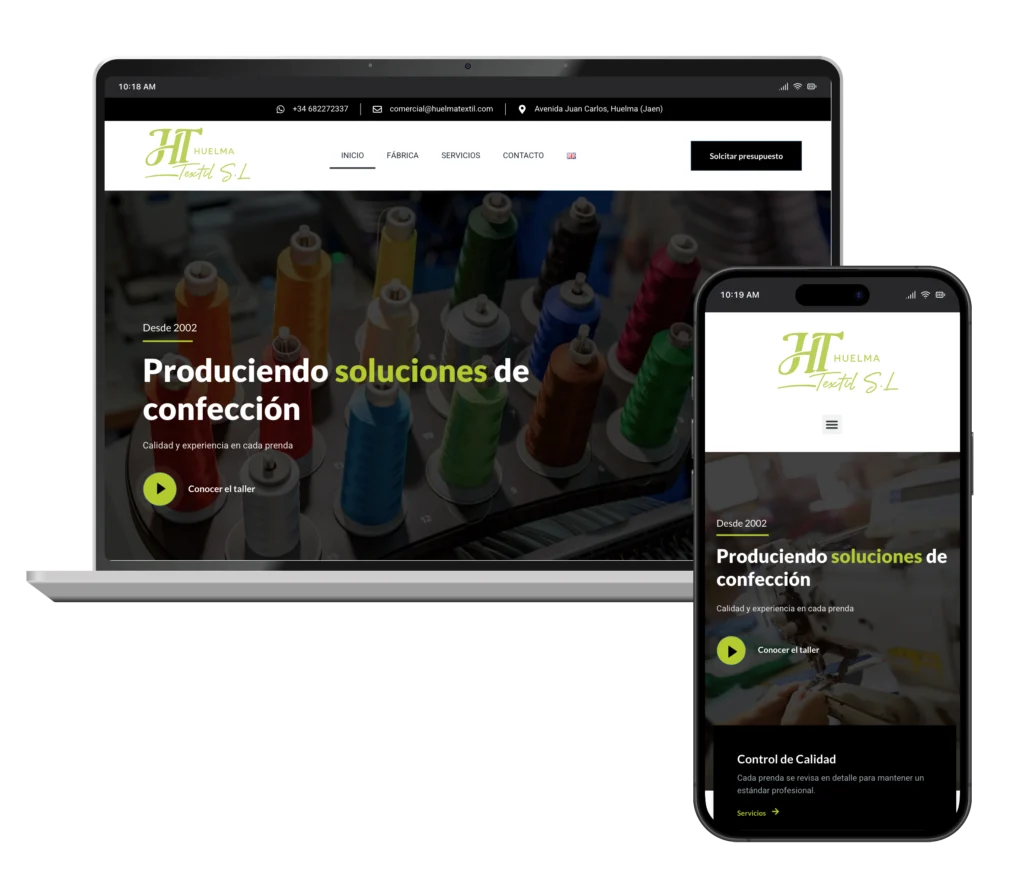 Web de Huelma Textil en portátil y móvil, diseñada por SAUCCO