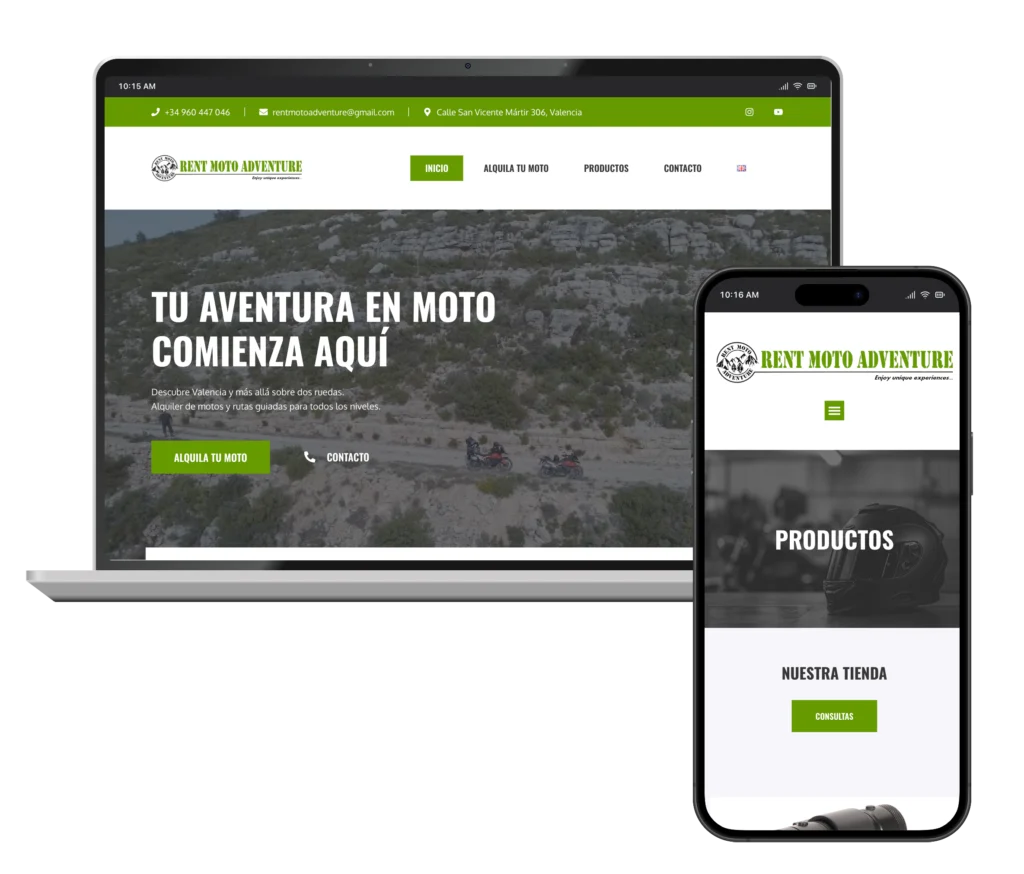 Web de Rent Moto Adventure en portátil y móvil, diseñada por SAUCCO