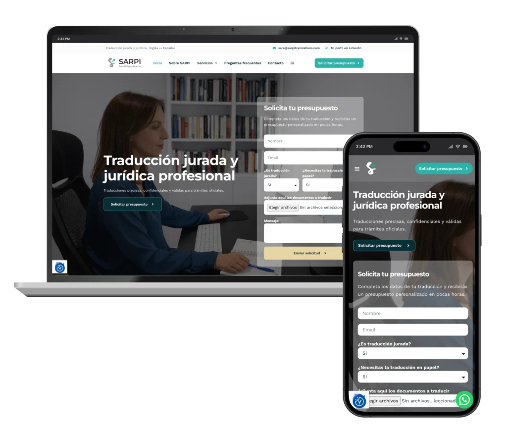 Web de Sarpi Translations en portátil y móvil, diseñada por SAUCCO